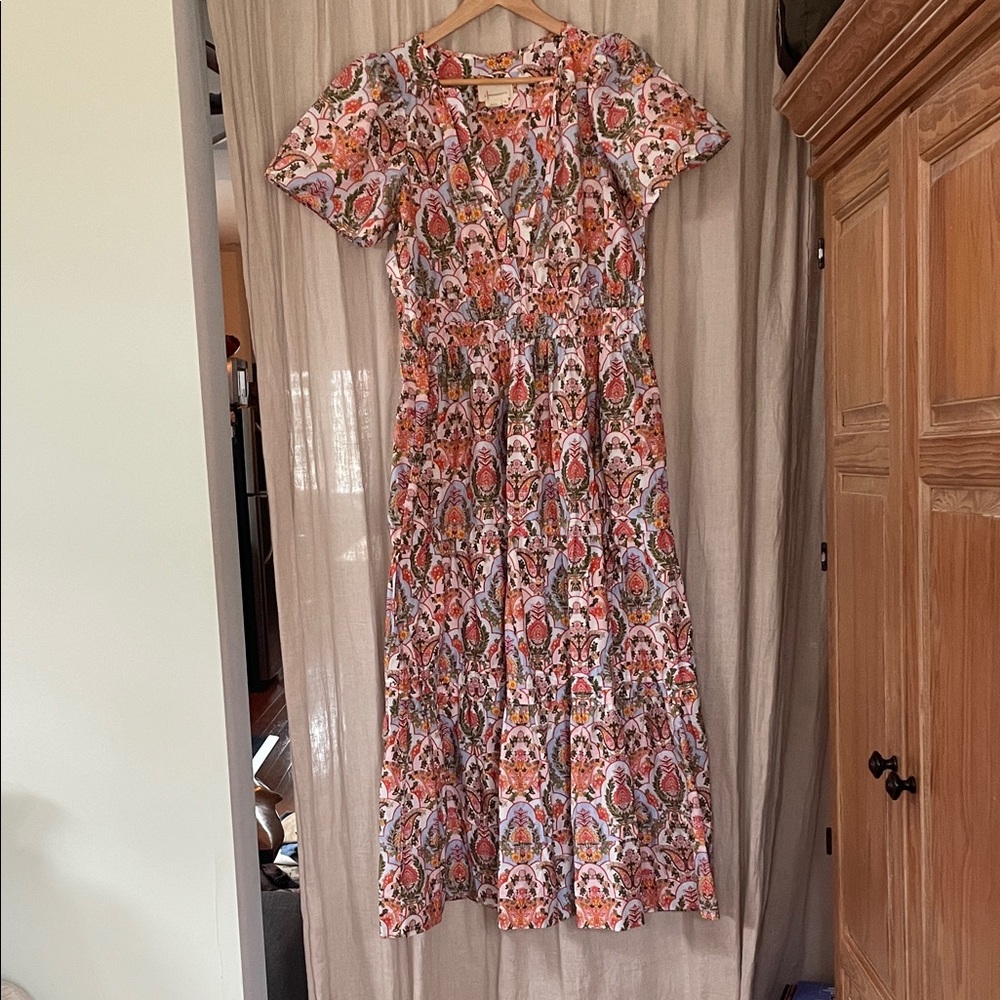 Anthropologie Coral, White & Green Paisley Somerset Maxi Dress